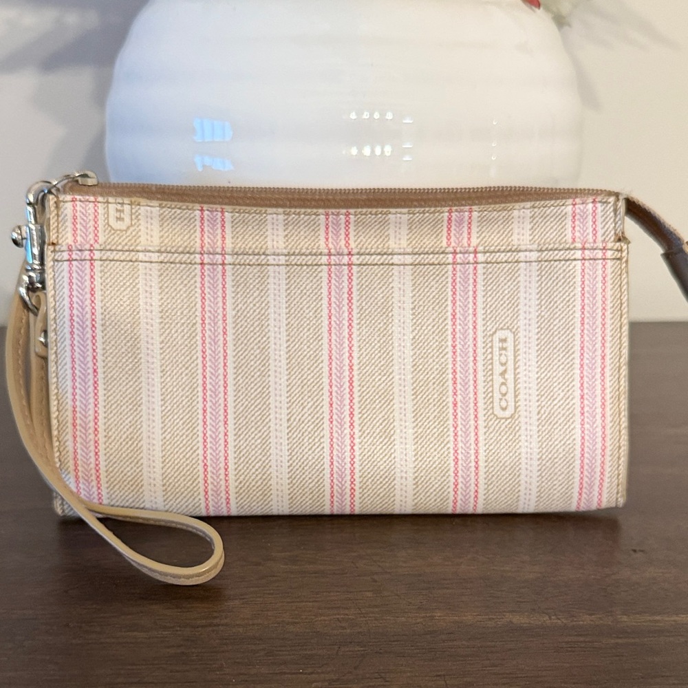 Coach Beige and Pink Striped Wristlet - Picture 1 of 8